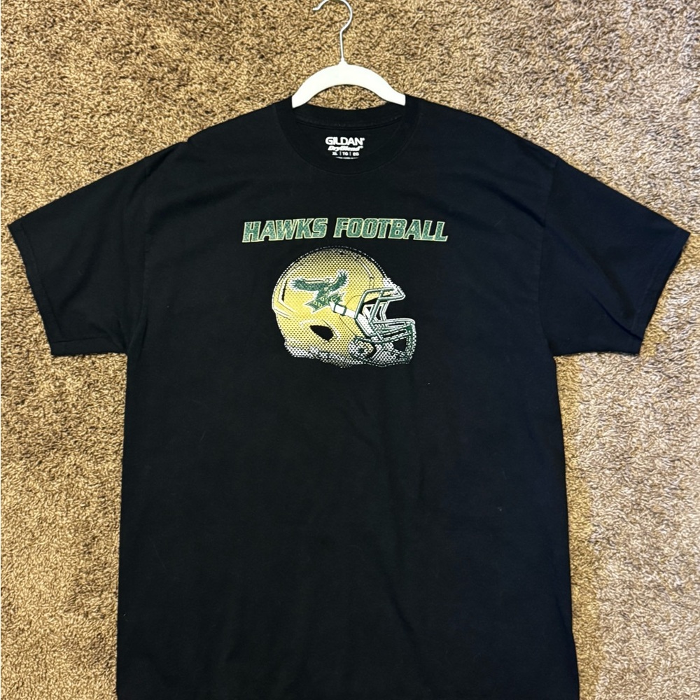 Gildan Black T‑Shirt with Yellow Helmet & Green Hawks Football Print